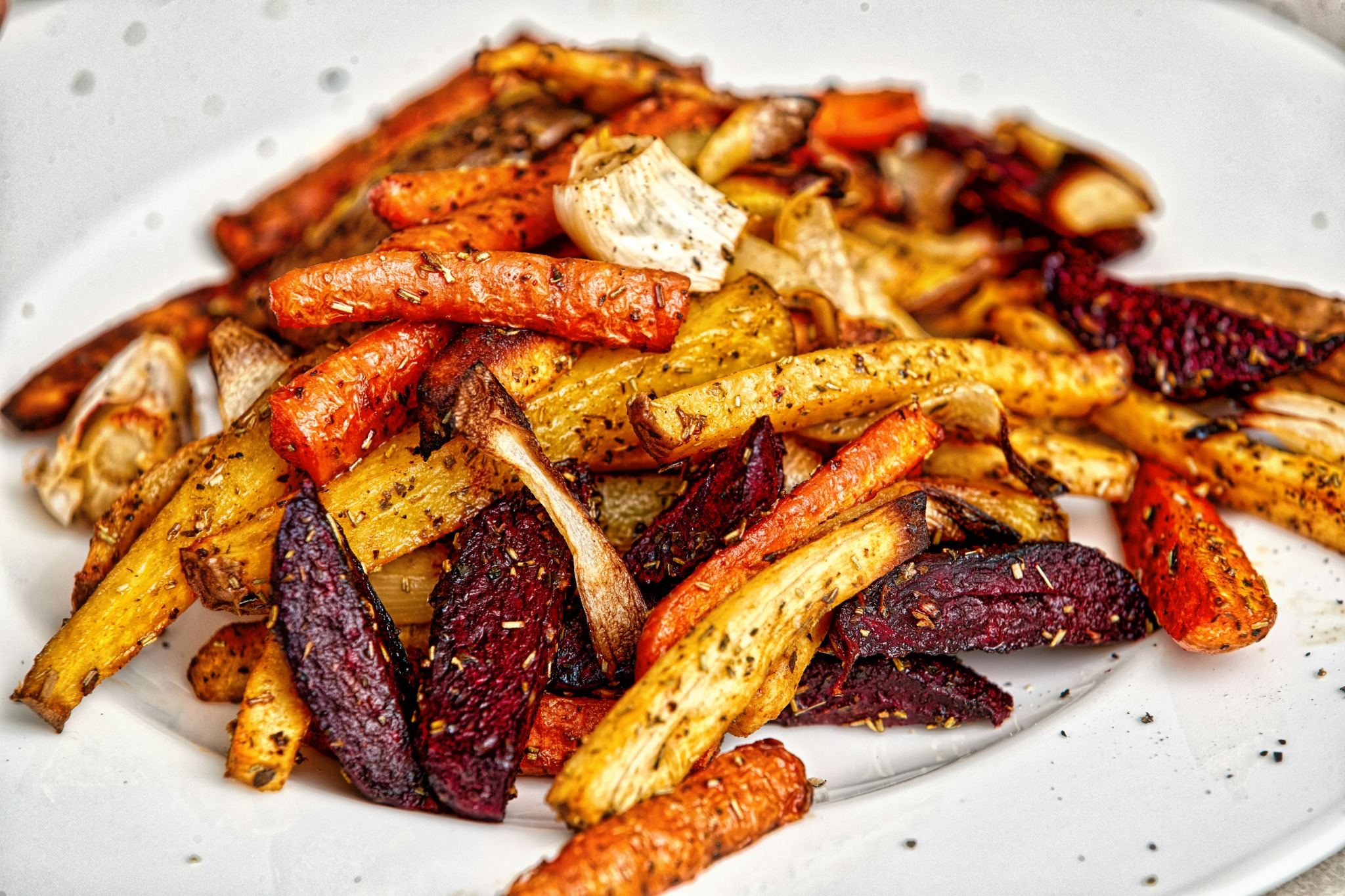 Caramelized roasted carrots, beets, parsnips, and potatoes